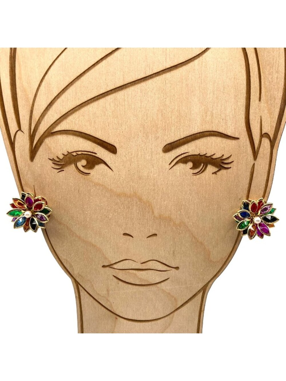 Vintage Colorful Flower Earrings, Bezel Set Marquise Crystal Clusters, Clip On